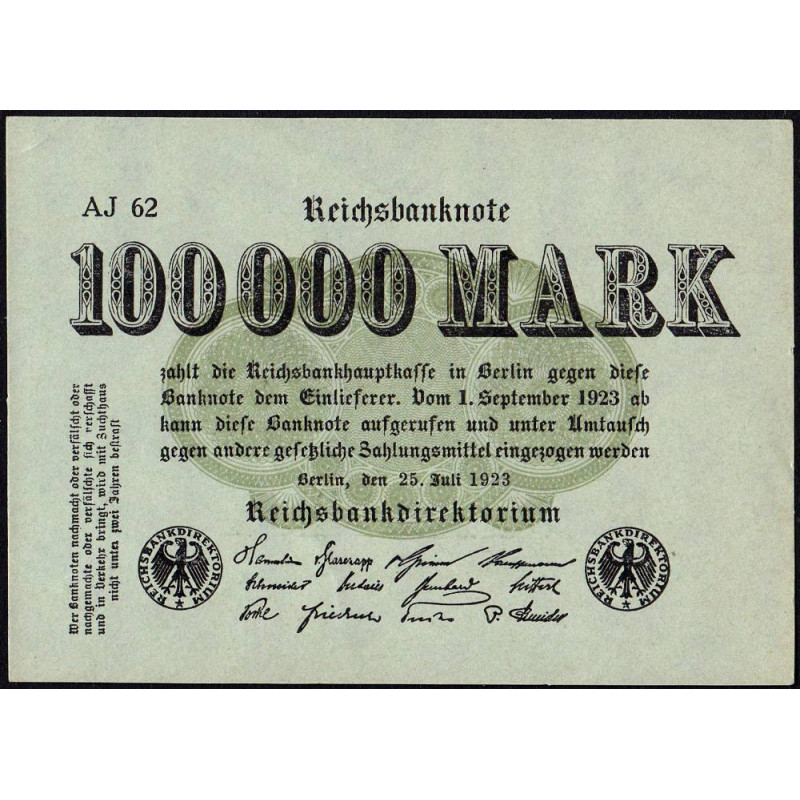 Allemagne - Pick 91a_2 - 100'000 mark - 25/07/1923 - Série AJ 62 - Etat : SPL+