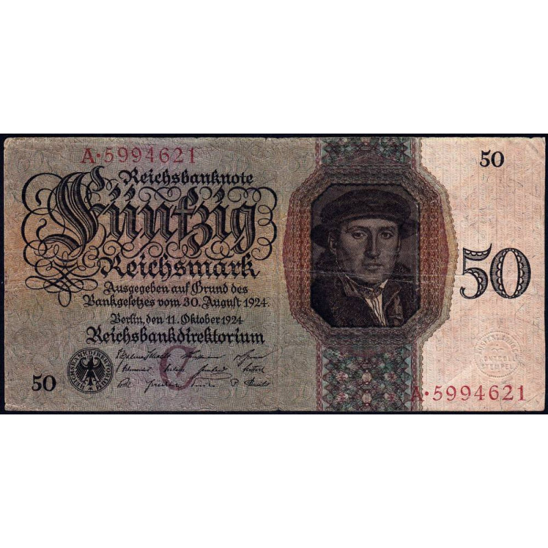 Allemagne - Pick 177 - 50 reichsmark - 11/10/1924 - Lettre C - Série A - Etat : TB+