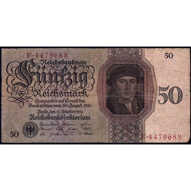 Allemagne - Pick 177 - 50 reichsmark - 11/10/1924 - Lettre X - Série F - Etat : TB