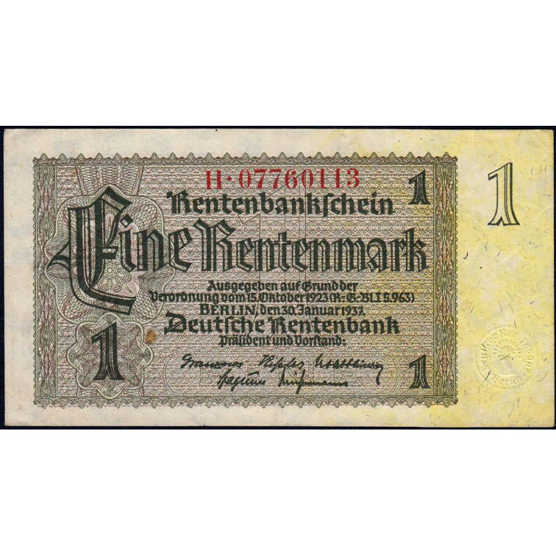 Allemagne - Pick 173b - 1 rentenmark - 30/01/1937 - Série H - Etat : TTB+