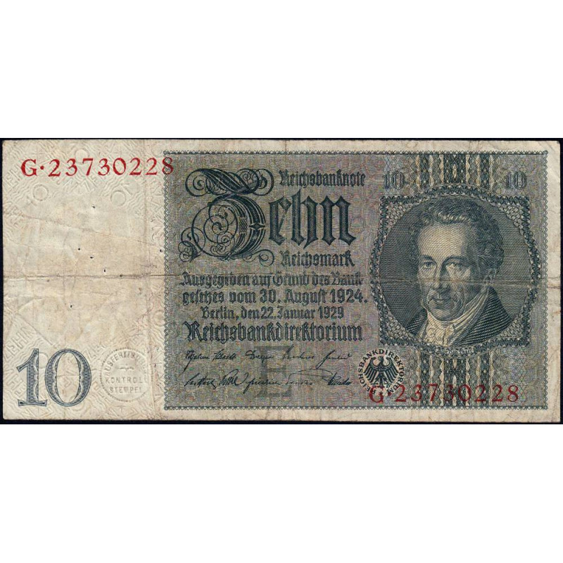 Allemagne - Pick 180a - 10 reichsmark - 22/01/1929 - Lettre E - Série G - Etat : TB