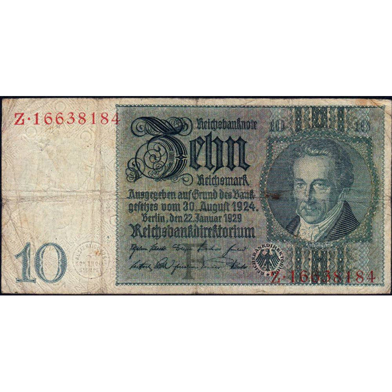 Allemagne - Pick 180a - 10 reichsmark - 22/01/1929 - Lettre F - Série Z - Etat : TB-