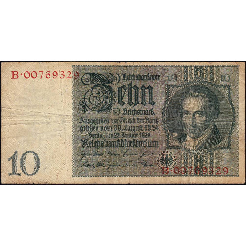 Allemagne - Pick 180b - 10 reichsmark - 22/01/1929 - Sans lettre - Série B - Etat : TB