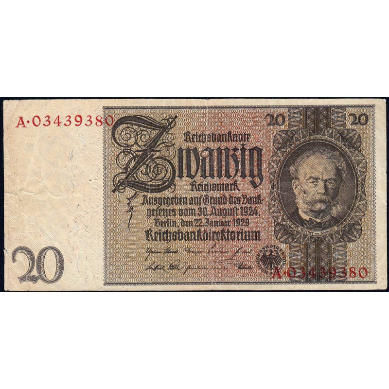 Allemagne - Pick 181b - 20 reichsmark - 22/01/1929 - Sans lettre - Série A - Etat : TB+