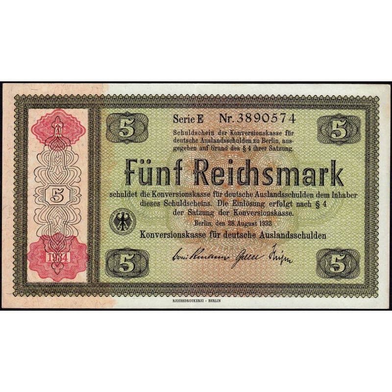 Allemagne - Pick 207 - 5 reichsmark - 1934 - Série E - Etat : SPL