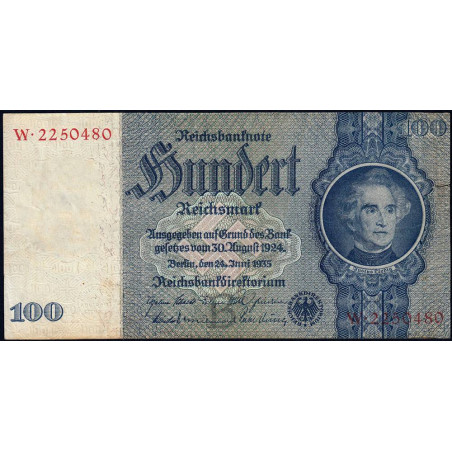 Allemagne - Pick 183a - 100 reichsmark - 24/06/1935 - Lettre B - Série W - Etat : TB+