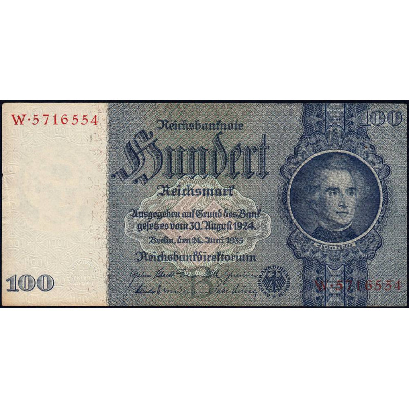 Allemagne - Pick 183a - 100 reichsmark - 24/06/1935 - Lettre B - Série W - Etat : SUP