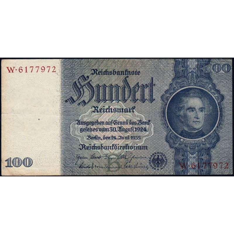 Allemagne - Pick 183a - 100 reichsmark - 24/06/1935 - Lettre B - Série W - Etat : TTB