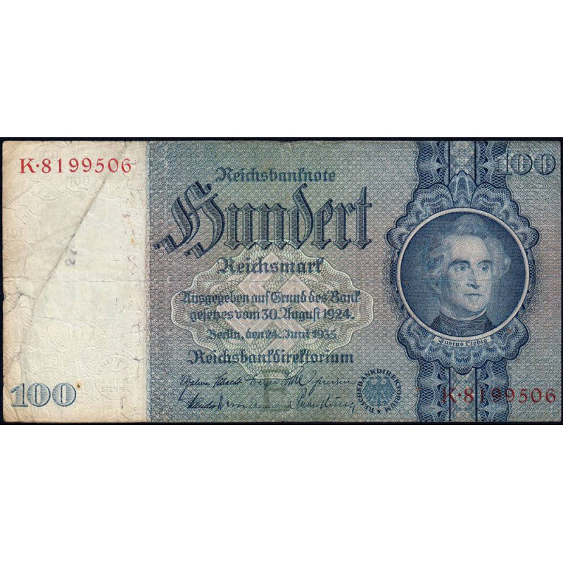 Allemagne - Pick 183a - 100 reichsmark - 24/06/1935 - Lettre E - Série K - Etat : TB-