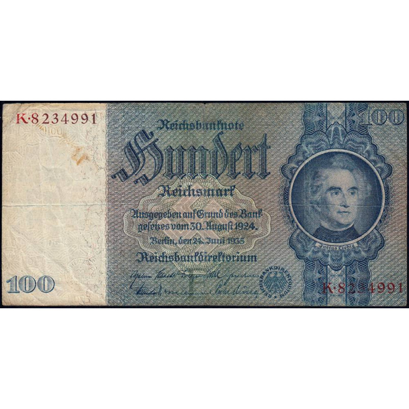 Allemagne - Pick 183a - 100 reichsmark - 24/06/1935 - Lettre E - Série K - Etat : TB-