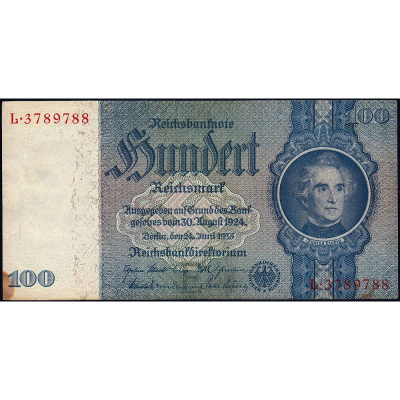 Allemagne - Pick 183a - 100 reichsmark - 24/06/1935 - Lettre E - Série L - Etat : TB+