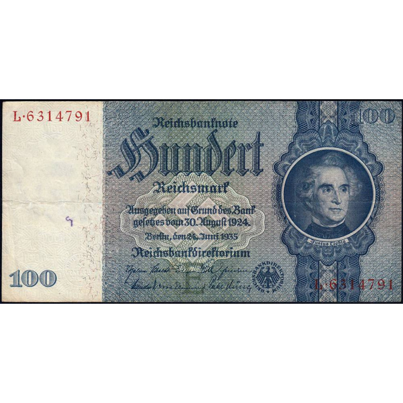 Allemagne - Pick 183a - 100 reichsmark - 24/06/1935 - Lettre E - Série L - Etat : TB+