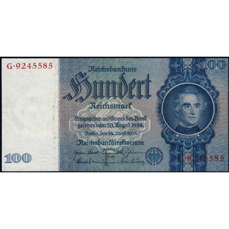 Allemagne - Pick 183a - 100 reichsmark - 24/06/1935 - Lettre F - Série G - Etat : SUP+