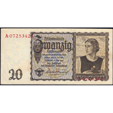 Allemagne - Pick 185 - 20 reichsmark - 16/06/1939 - Lettre W - Série A - Etat : TTB+