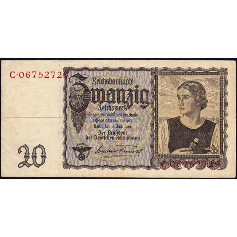 Allemagne - Pick 185 - 20 reichsmark - 16/06/1939 - Lettre W - Série C - Etat : TTB