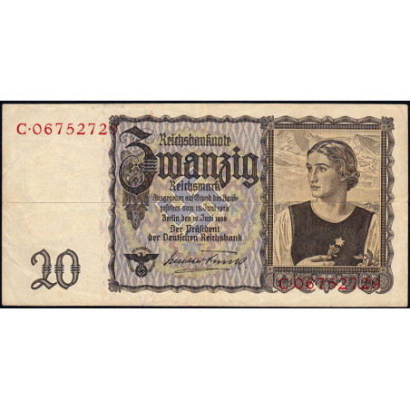 Allemagne - Pick 185 - 20 reichsmark - 16/06/1939 - Lettre W - Série C - Etat : TTB