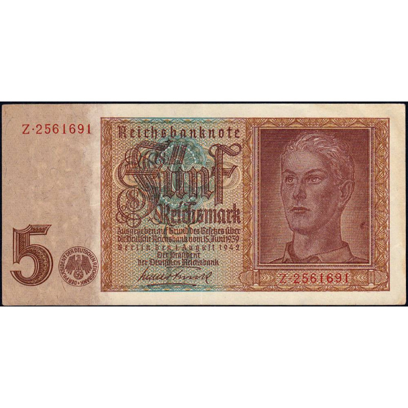 Allemagne - Pick 186a_1 - 5 reichsmark - 01/08/1942 - Lettre P - Série Z - Etat : SPL