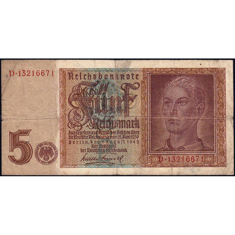 Allemagne - Pick 186a_2 - 5 reichsmark - 01/08/1942 - Lettre P - Série D - Etat : TB