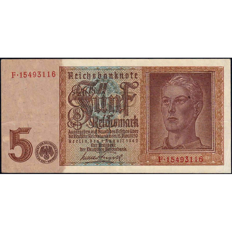 Allemagne - Pick 186a_2 - 5 reichsmark - 01/08/1942 - Lettre P - Série F - Etat : TTB+