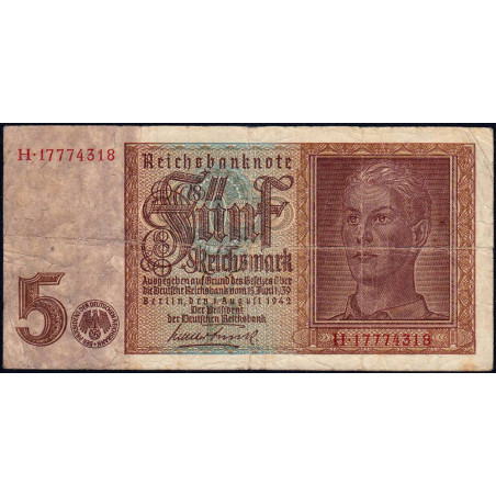 Allemagne - Pick 186a_2 - 5 reichsmark - 01/08/1942 - Lettre P - Série H - Etat : TB