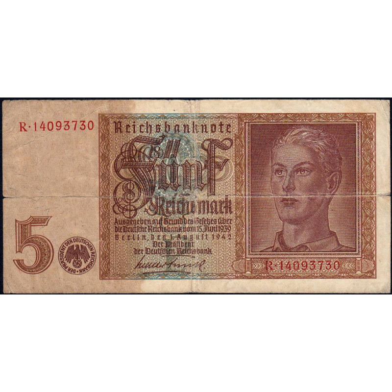 Allemagne - Pick 186a_2 - 5 reichsmark - 01/08/1942 - Lettre P - Série R - Etat : TB