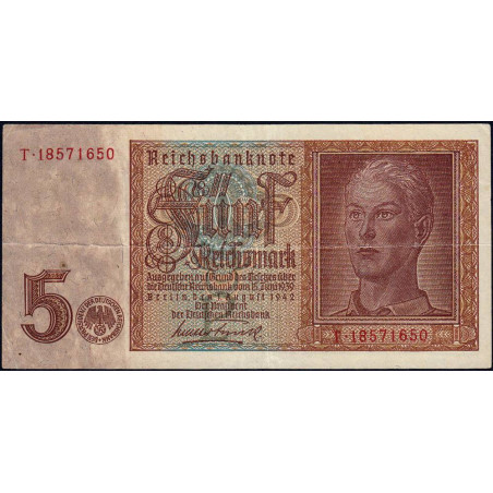 Allemagne - Pick 186a_2 - 5 reichsmark - 01/08/1942 - Lettre P - Série T - Etat : TTB