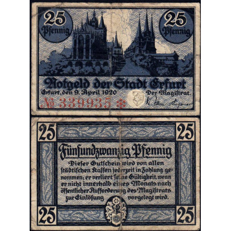 Allemagne - Notgeld - Erfurt - 25 pfennig - 09/04/1920 - Etat : TB