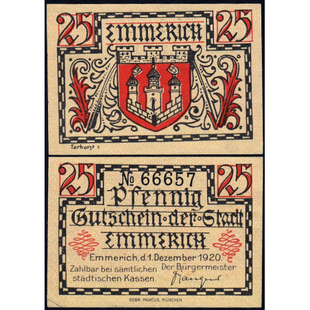 Allemagne - Notgeld - Emmerich - 25 pfennig - 01/12/1920 - Etat : SPL+