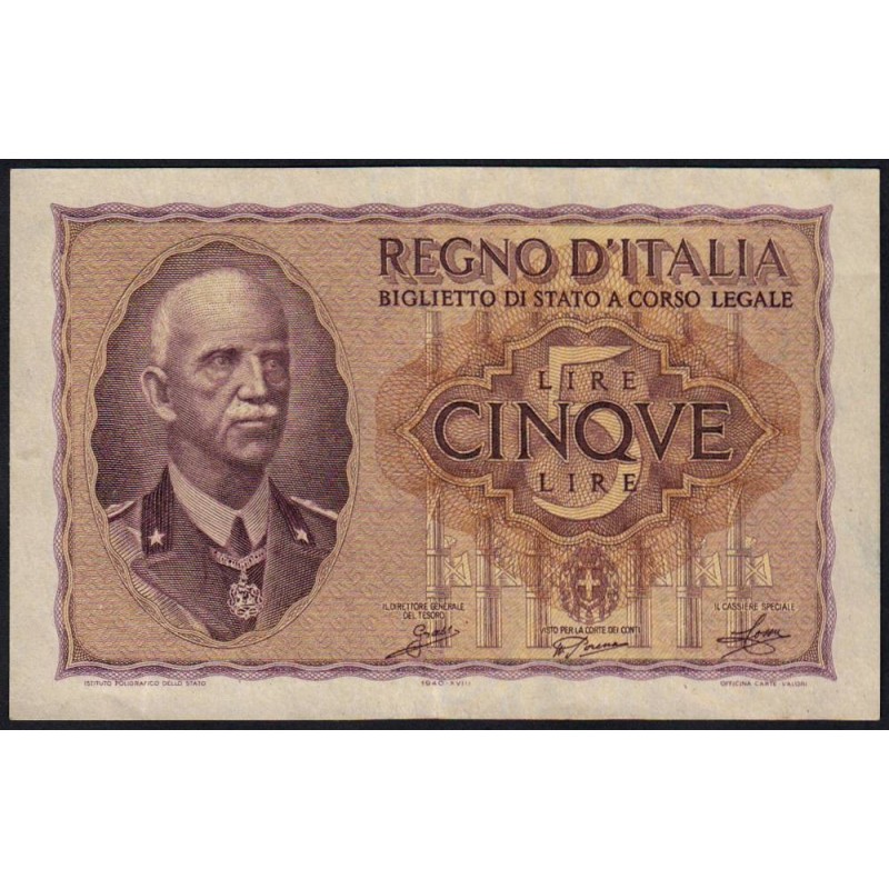 Italie - Pick 28_1 - 5 lire - 1940 - An XVIII - Etat : TTB+