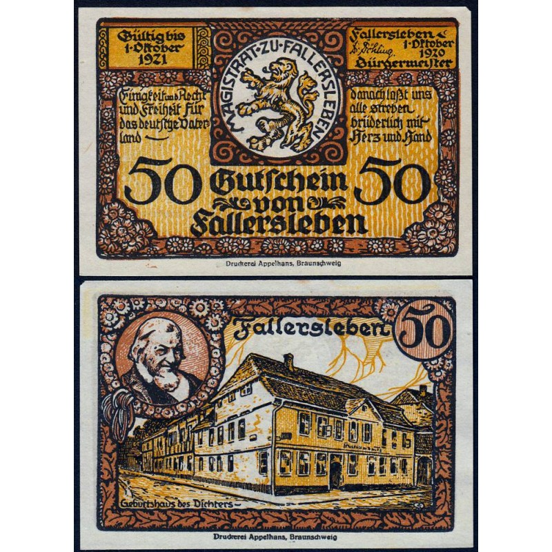 Allemagne - Notgeld - Fallersleben - 50 pfennig - 01/10/1920 - Etat : SPL