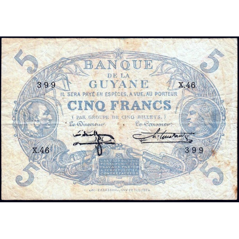 Guyane Française - Pick 1i - 5 francs - Série X.46 - 1944 - Etat : TB