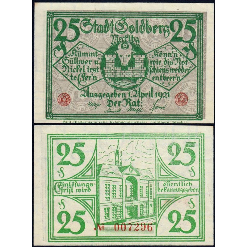 Allemagne - Notgeld - Goldberg - 25 pfennig - 01/04/1921 - Etat : SPL