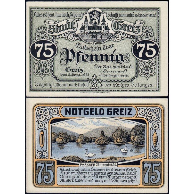 Allemagne - Notgeld - Greiz - 75 pfennig - 05/09/1921 - Etat : NEUF