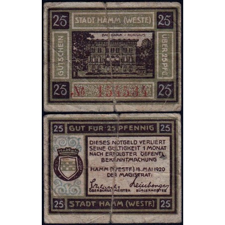 Allemagne - Notgeld - Hamm - 25 pfennig - 18/05/1920 - Etat : TB-