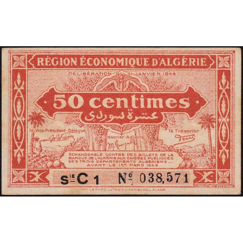 Algérie - Pick 97a - 50 centimes - Série C1 - 31/01/1944 - Etat : TTB+