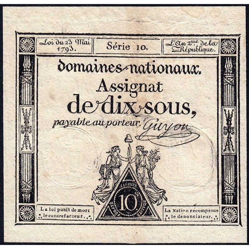 Assignat 40a - 10 sous - 23 mai 1793 - Série 10 - Filigrane royal - Etat : TB+