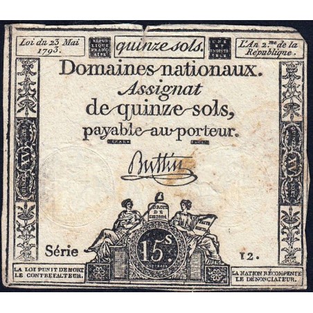 Assignat 41a - 15 sols - 23 mai 1793 - Série 12 - Filigrane royal - Etat : B+