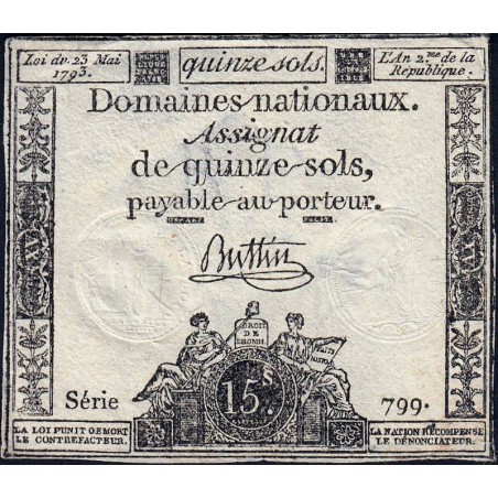 Assignat 41b - 15 sols - 23 mai 1793 - Série 799 - Filigrane républicain - Etat : TTB