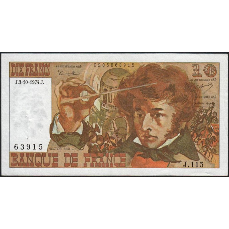 F 63-07b - 03/10/1974 - 10 francs - Berlioz - Série J.115 - Etat : TTB+