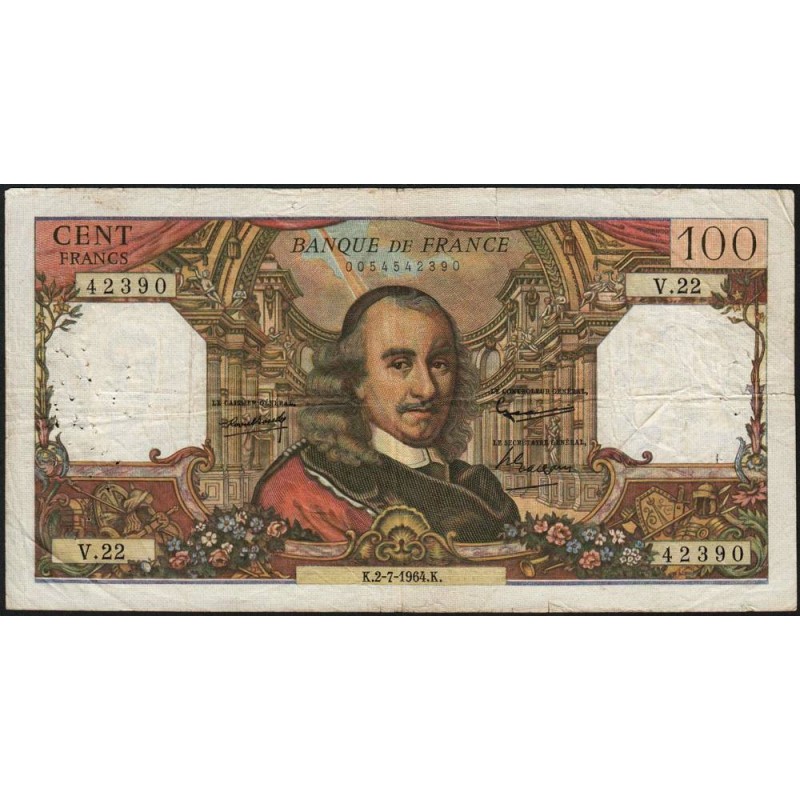 F 65-02 - 02/07/1964 - 100 francs - Corneille - Série V.22 - Etat : TB-