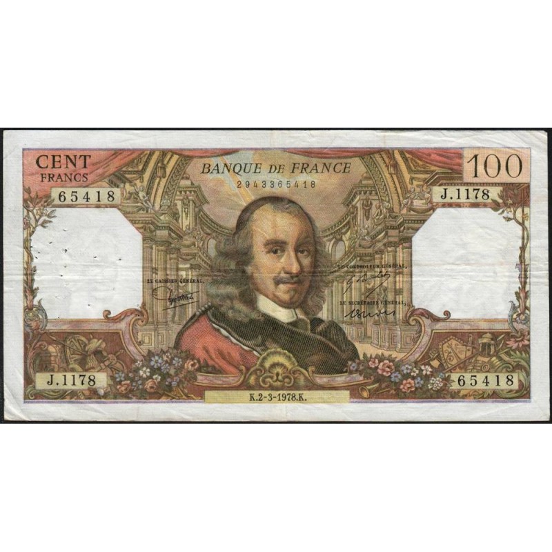 F 65-62 - 02/03/1978- 100 francs - Corneille - Série J.1178 - Etat : TB