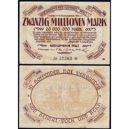 Allemagne - Notgeld - Pfalz (Speyer) - 20 millions - 11/08/1923 - Etat : TTB