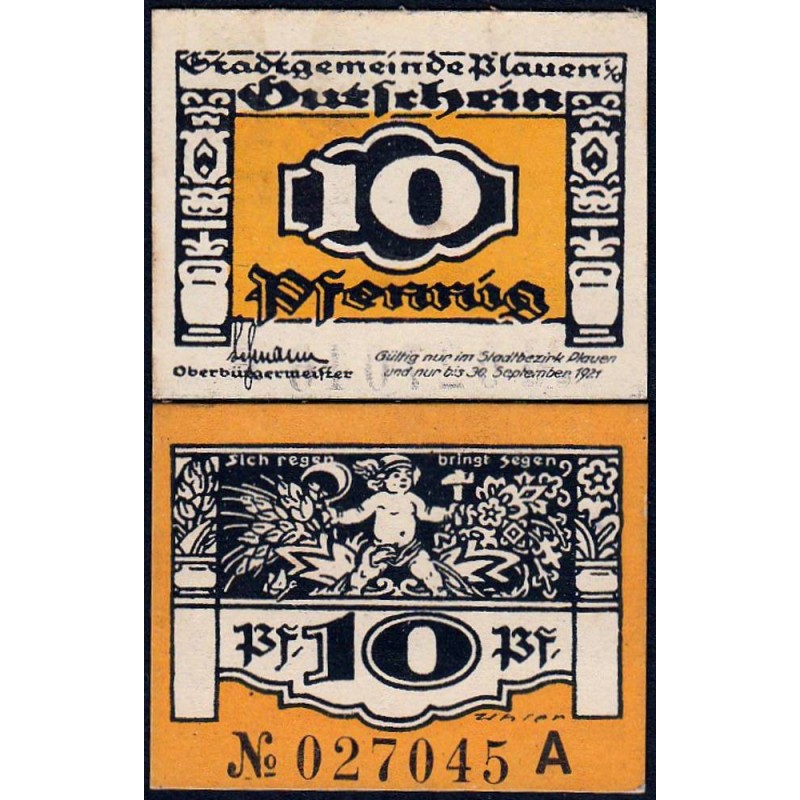 Allemagne - Notgeld - Plauen - 10 pfennig - Série A - 1921 - Etat : NEUF