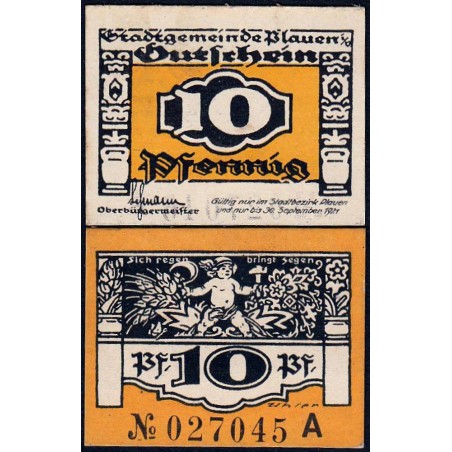 Allemagne - Notgeld - Plauen - 10 pfennig - Série A - 1921 - Etat : NEUF