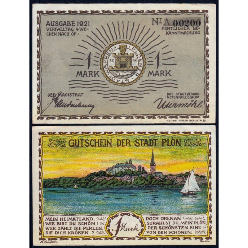 Allemagne - Notgeld - Plön - 1 mark - Série A - 1921 - Etat : SUP+