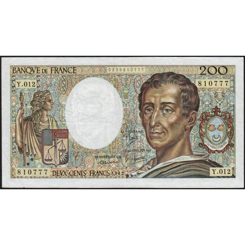 F 70-02 - 1982 - 200 francs - Montesquieu - Série Y.012 - Etat : TB