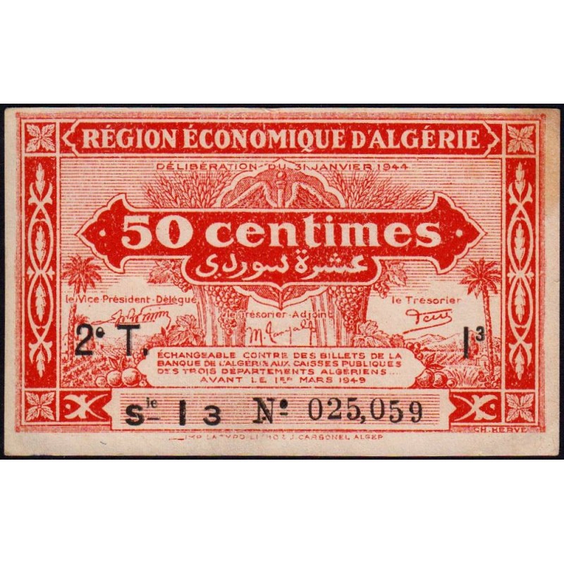 Algérie - Pick 100 - 50 centimes - Série I3 - 31/01/1944 - Etat : TTB+