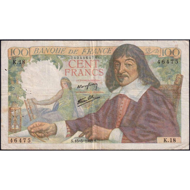 F 27-01 - 15/05/1942 - 100 francs - Descartes - Série K.18 - Etat : TB+